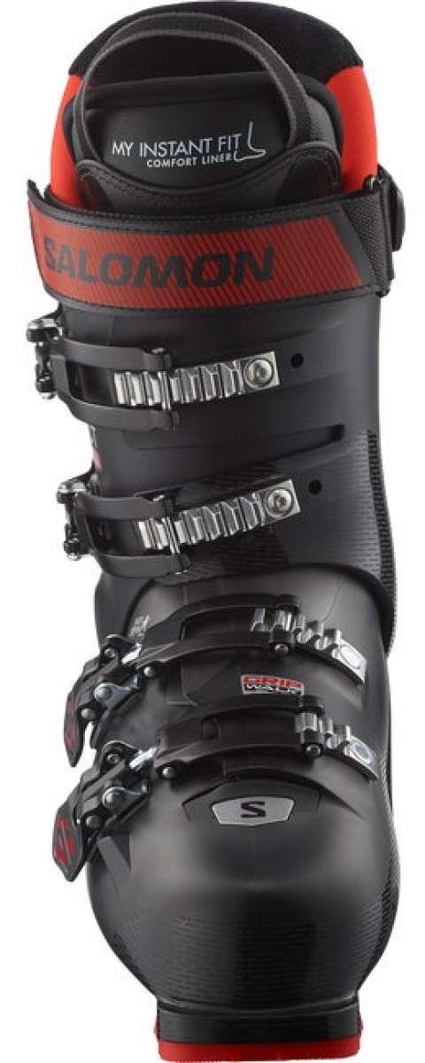 Salomon Select HV 90 Ski Boots 2024 - Black ski boots with silver buckles and red accents on top of the tongue.