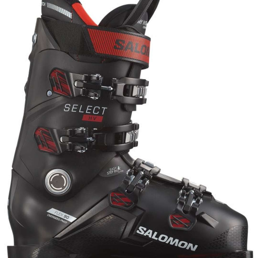 Salomon Select HV 90 Ski Boots 2024 - Black ski boots with red accents and silver buckles.