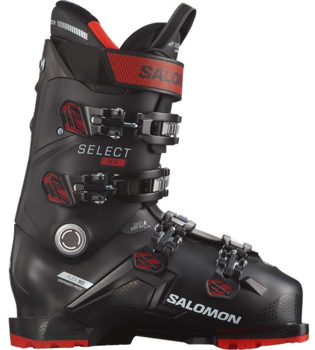 Salomon Select HV 90 Ski Boots 2024 - Black ski boots with red accents and silver buckles.