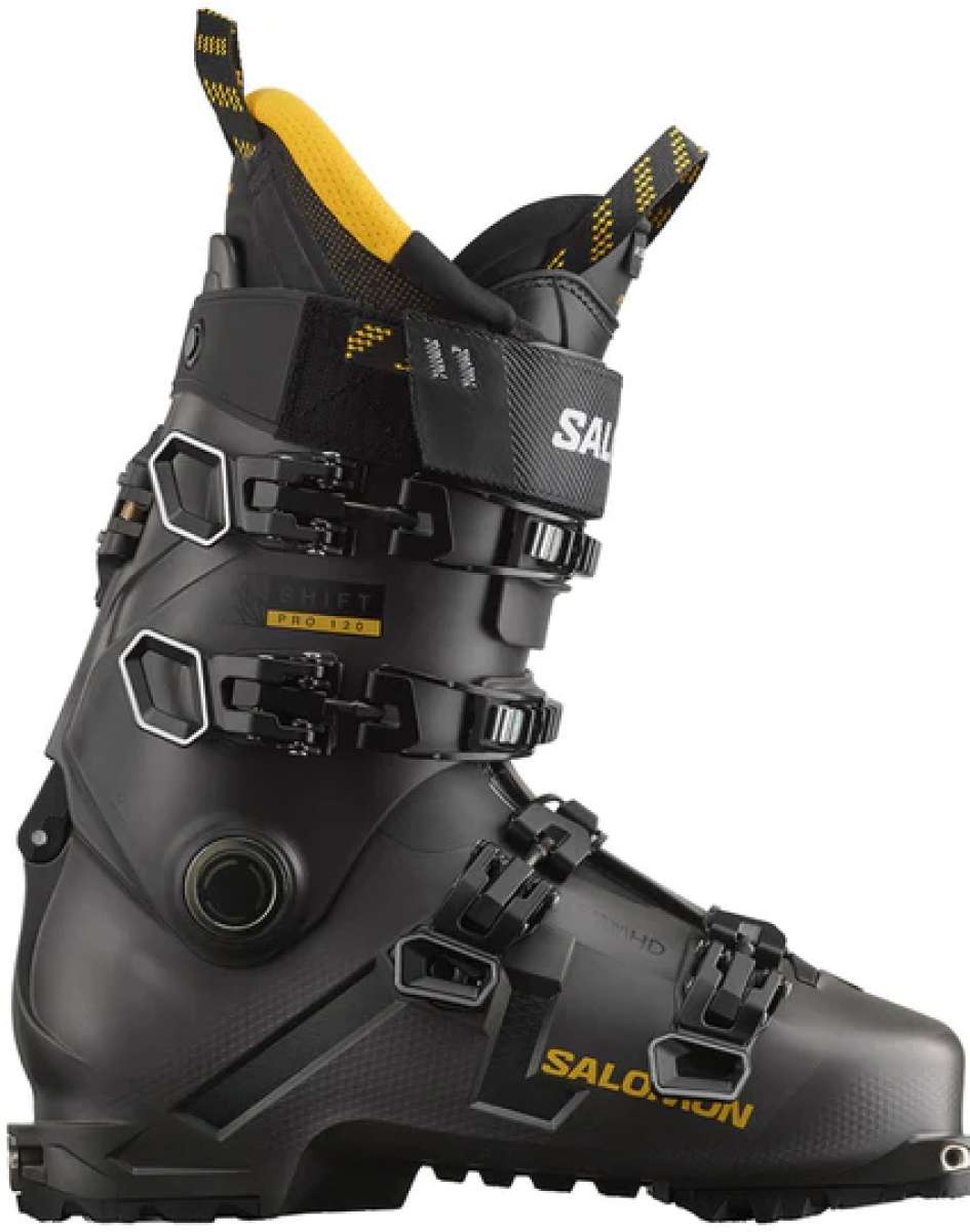 Salomon Shift Pro 120 Ski Boot 2024 - Black ski boot with yellow accents and white lettering on strap.