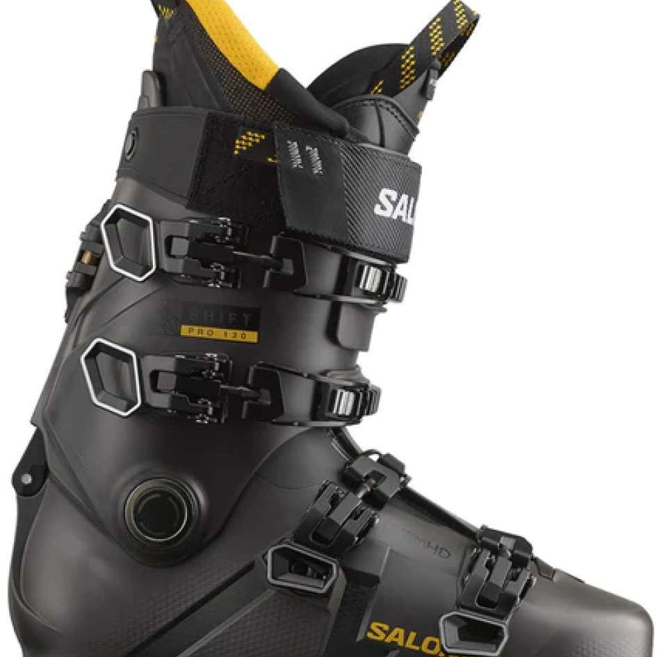 Salomon Shift Pro 120 Ski Boot 2024 - Black ski boot with yellow accents and white lettering on strap.