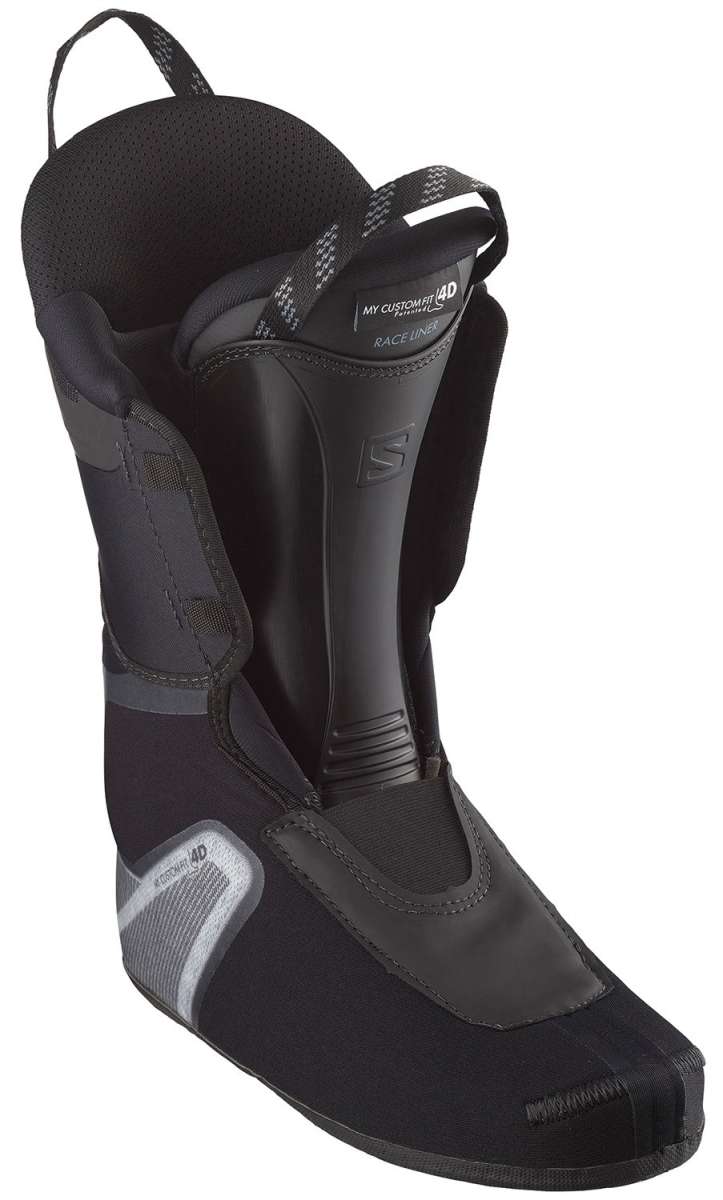 Salomon Shift Pro 130 AT Ski Boots 2024 - Black ski boots with a textured pattern on the toe and heel areas, featuring a strap at the top for closure.