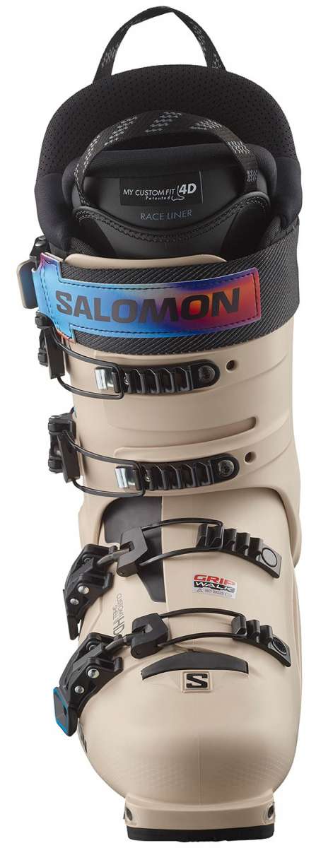 Salomon Shift Pro 130 AT Ski Boots 2024 - Black ski boots with white accents and silver buckles.