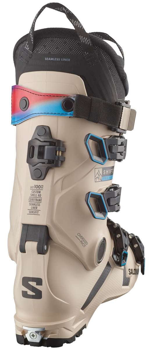 Salomon Shift Pro 130 AT Ski Boots 2024 - Beige ski boots with black straps and buckles.