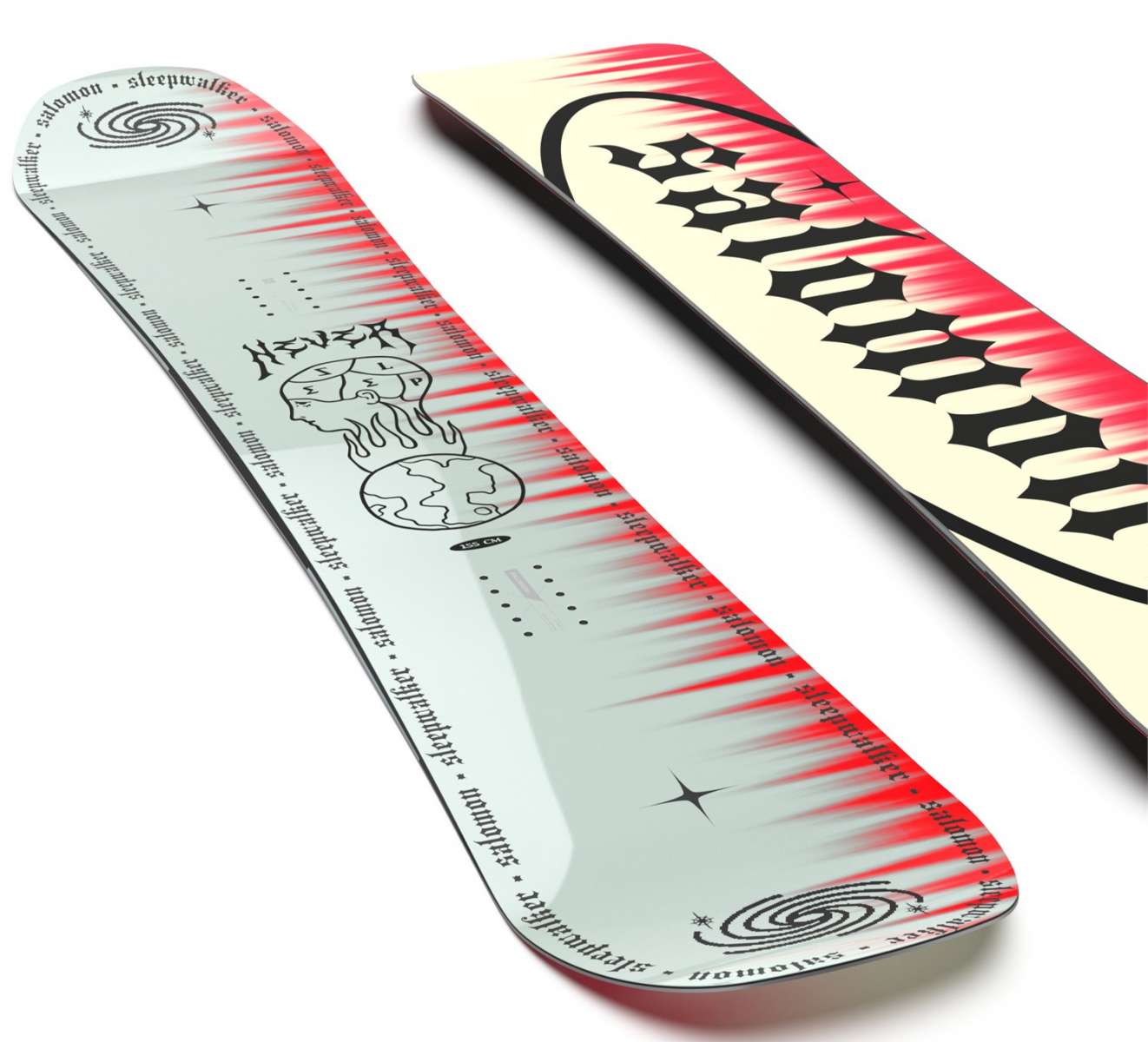 Salomon Sleepwalker Snowboard 2024 - A snowboard with a white base and red streaks, featuring black graphics of two faces facing each other.