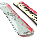 Salomon Sleepwalker Snowboard 2024 - A snowboard with a white base and red streaks, featuring black graphics of two faces facing each other.
