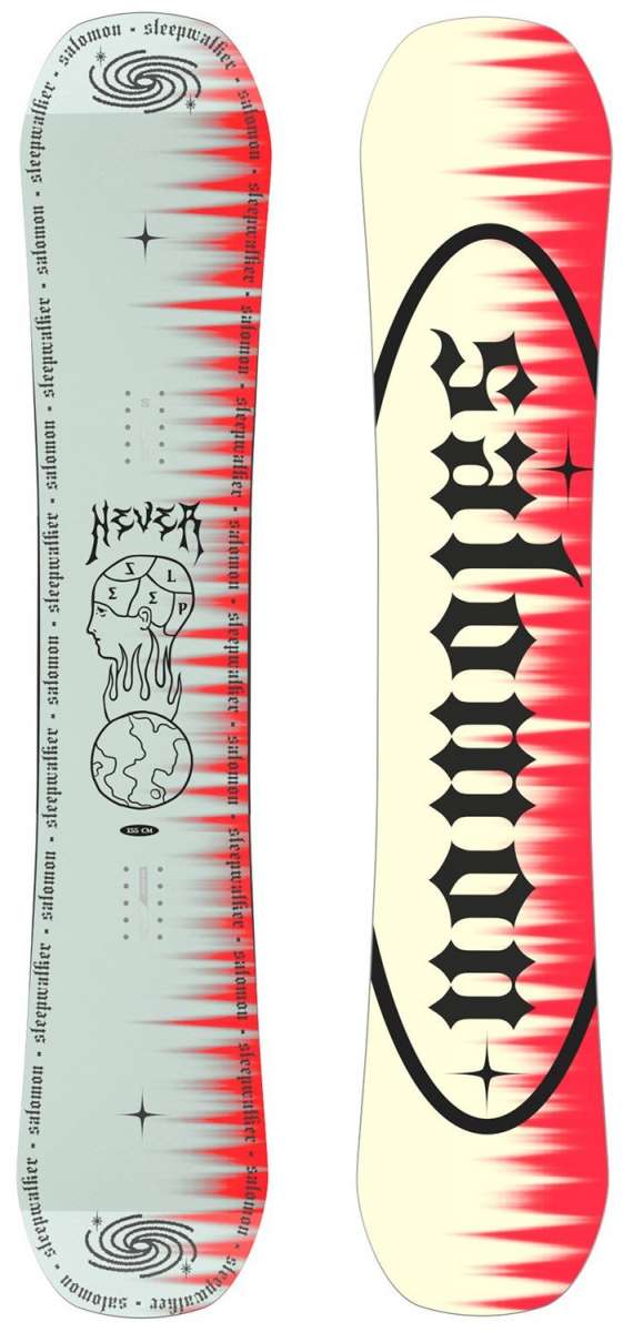 Salomon Sleepwalker Snowboard 2024 - A snowboard with a gray background and red streaks, featuring black graphics of a person's head in profile and a planet with flames rising from it.