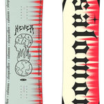 Salomon Sleepwalker Snowboard 2024 - A snowboard with a gray background and red streaks, featuring black graphics of a person's head in profile and a planet with flames rising from it.