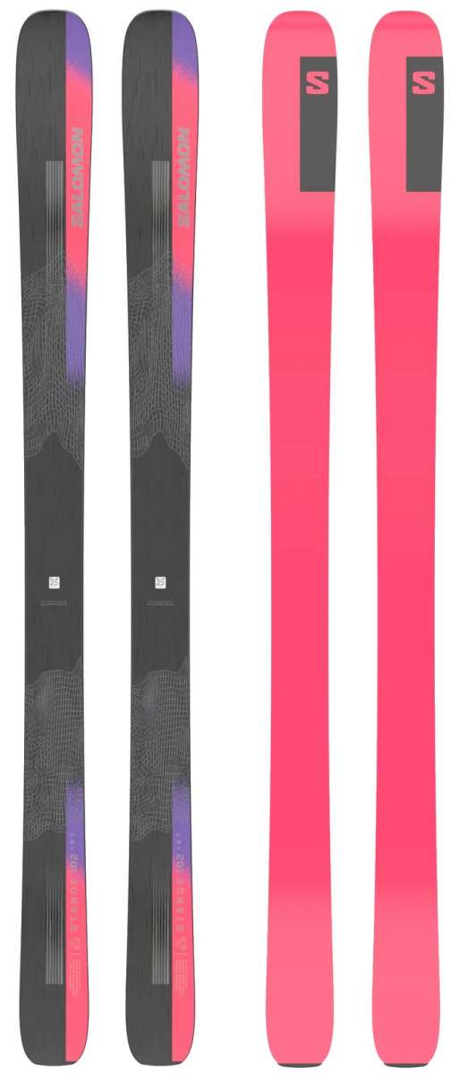 Salomon Stance 102 Skis 2024 - Black skis with a purple logo and white lettering on top.