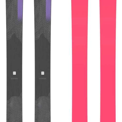 Salomon Stance 102 Skis 2024 - Black skis with a purple logo and white lettering on top.