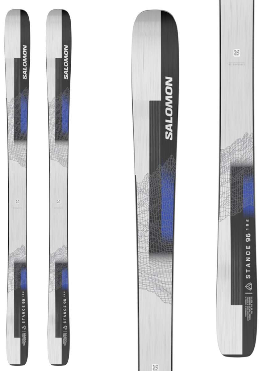 Salomon Stance 96 Skis 2024 - White skis with blue accents and a geometric pattern on top.