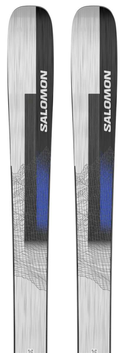 Salomon Stance 96 Skis 2024 - White skis with black and gray stripes on top, featuring a blue Salomon logo at the tip.