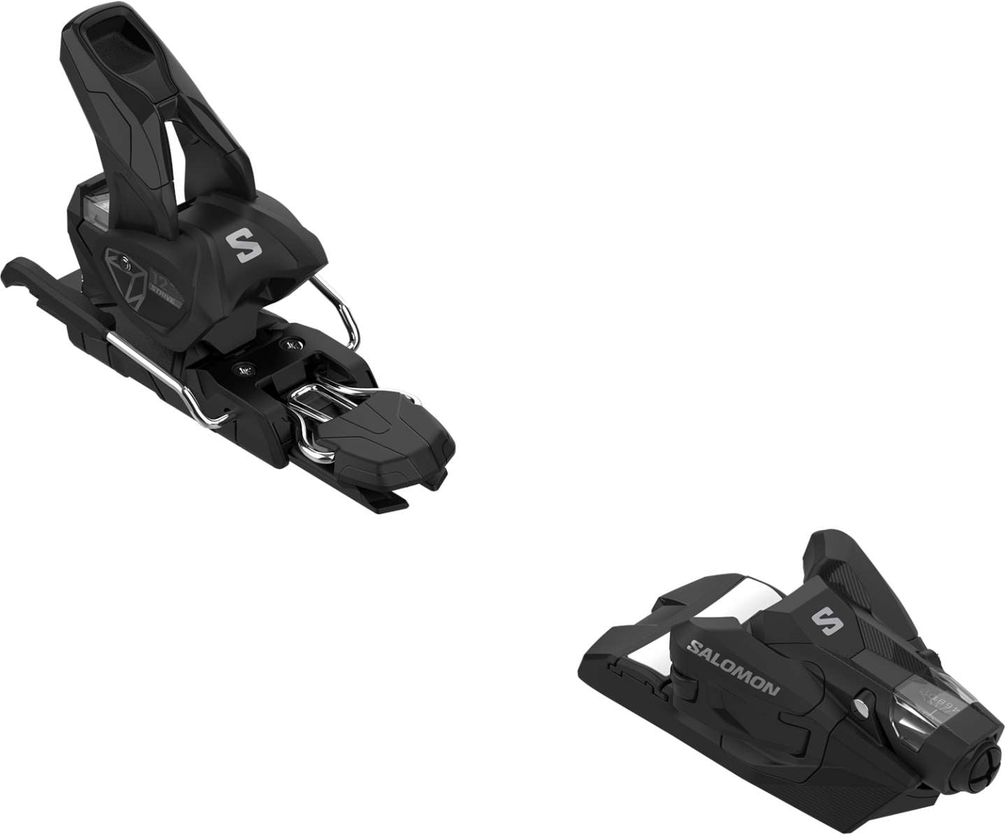Salomon Strive 12 Binding - Black plastic with silver hardware, featuring a black strap and a clear plastic window on the side.
