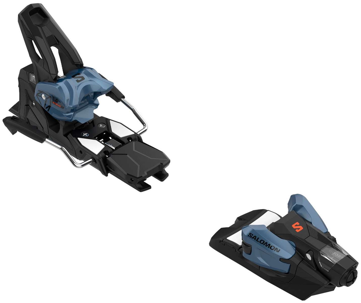 Salomon Strive 14 GW Ski Binding - A black ski binding with a blue plastic component and silver metal hardware.