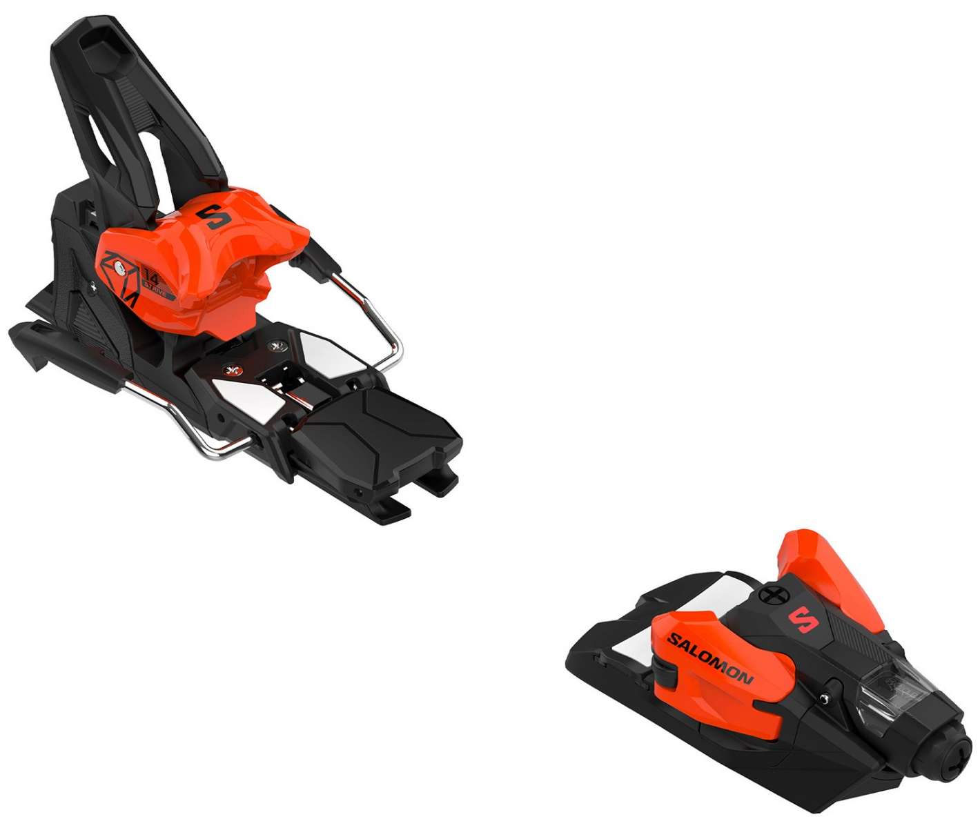 Salomon Strive 14 GW Ski Binding - 2024 model with black and red plastic components, featuring a silver metal lever on top.