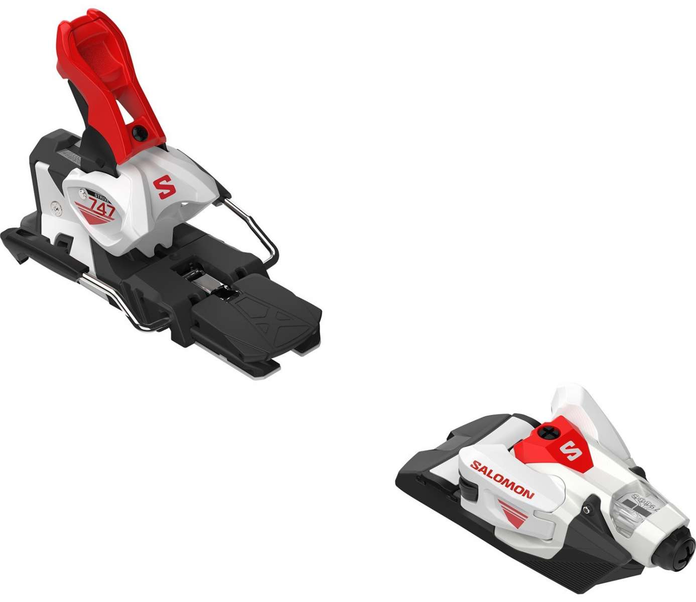 Salomon Strive 16 MN Ski Bindings 2024 - White bindings with red and black accents on a white background.