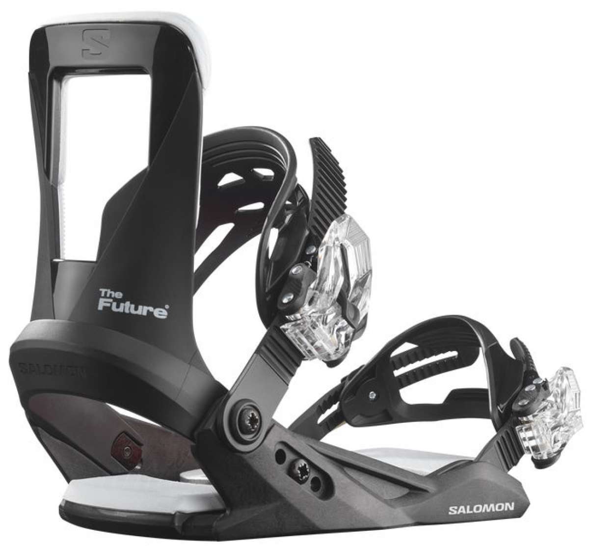 Salomon The Future Kids Bindings 2024 - Black bindings with white accents and a clear plastic strap on top.