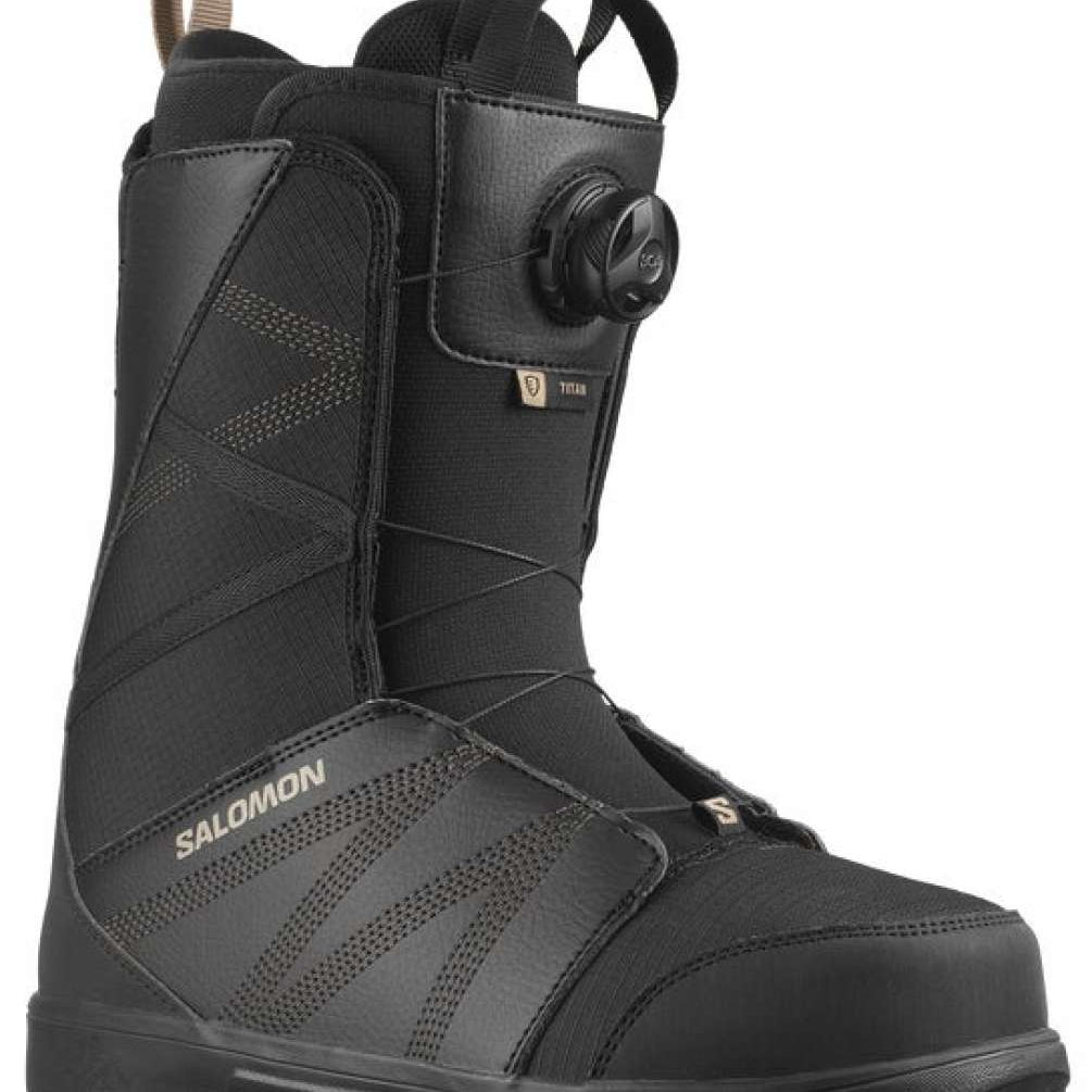 Salomon Titan BOA Snowboard Boots 2024 - Black snowboard boots with a textured pattern on the side and a round black BOA dial on top.