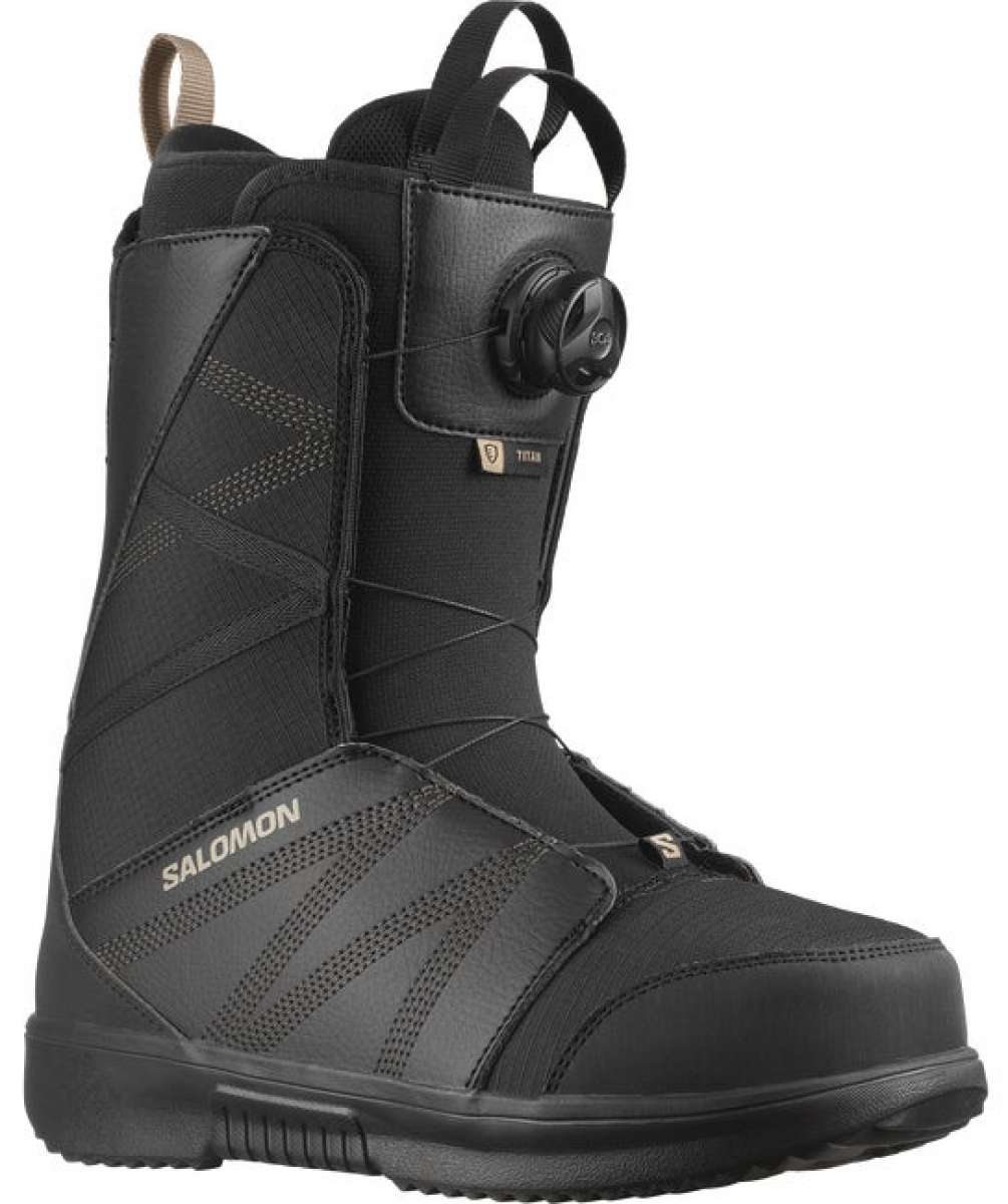 Salomon Titan BOA Snowboard Boots 2024 - Black snowboard boots with a textured pattern on the side and a round black BOA dial on top.