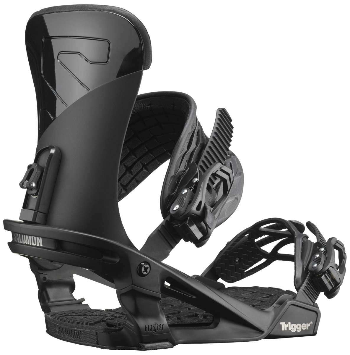 Salomon Trigger Snowboard Binding 2022-2023 - Black snowboard bindings with silver buckles and straps.
