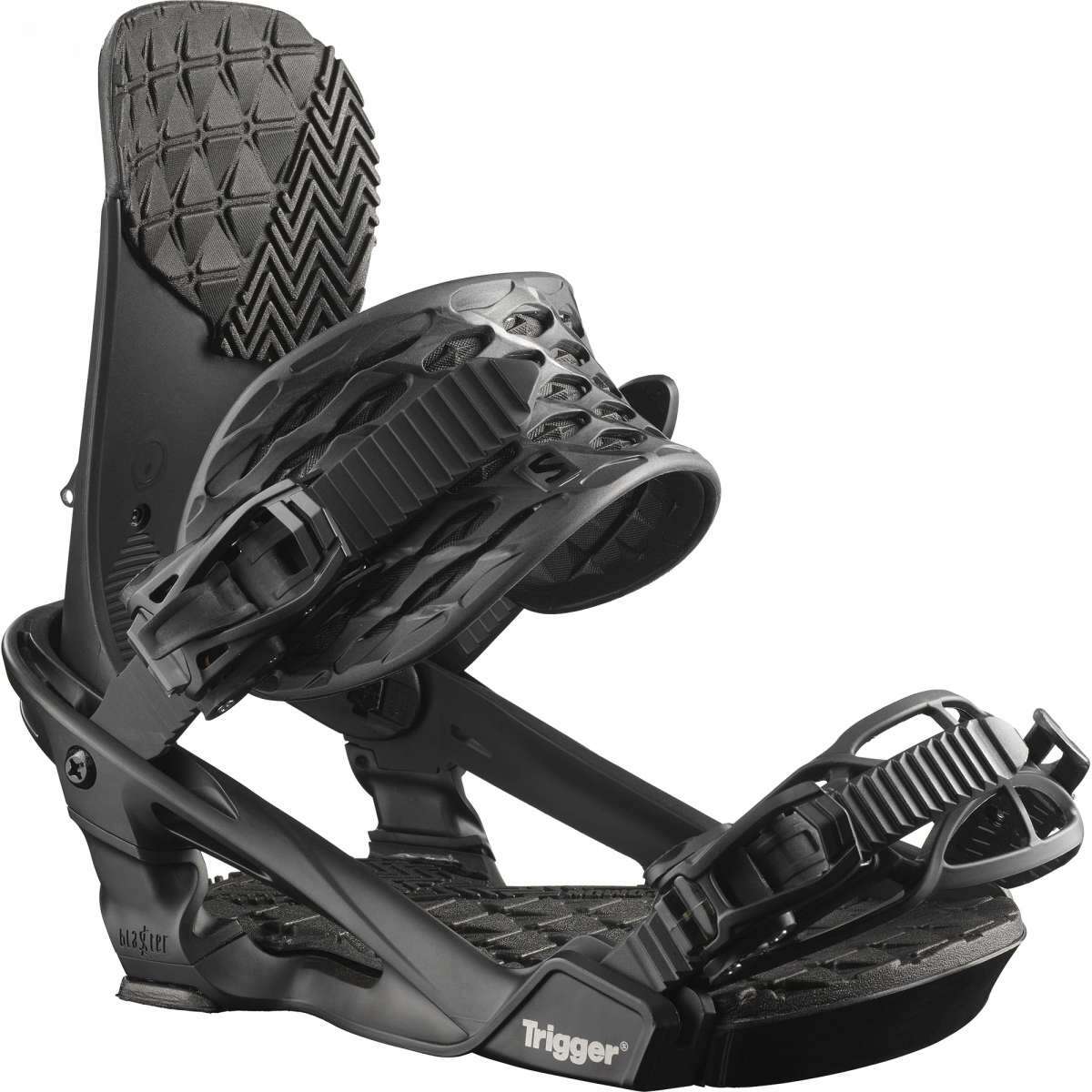 Salomon Trigger Snowboard Binding 2022-2023 - A black snowboard binding with a textured strap and a silver buckle.