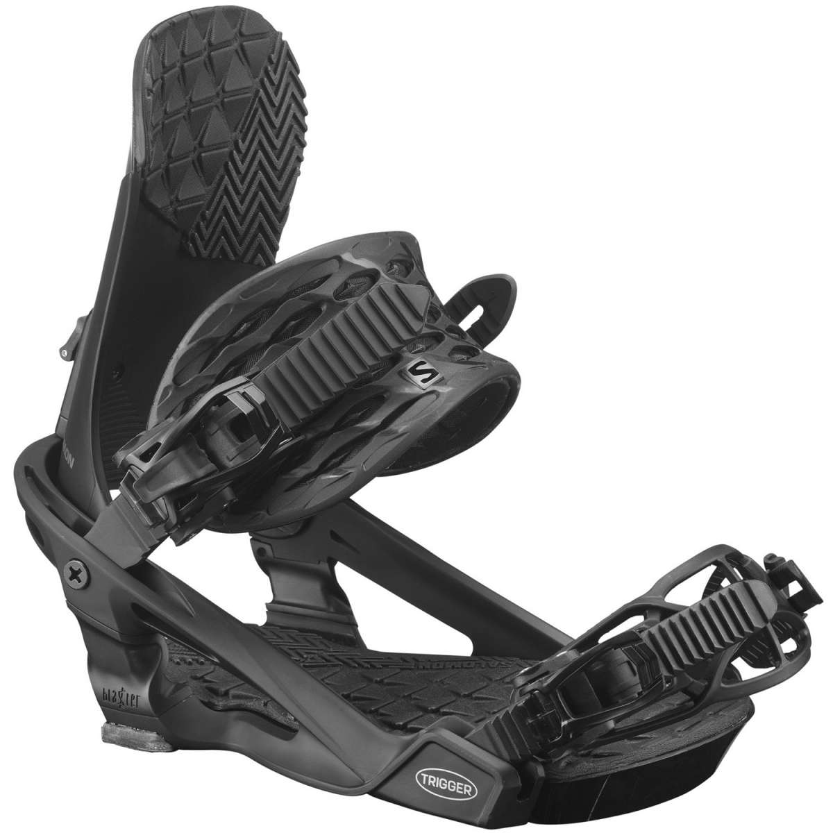 Salomon Trigger Snowboard Bindings 2024 - Black bindings with a textured strap and a black plastic buckle.