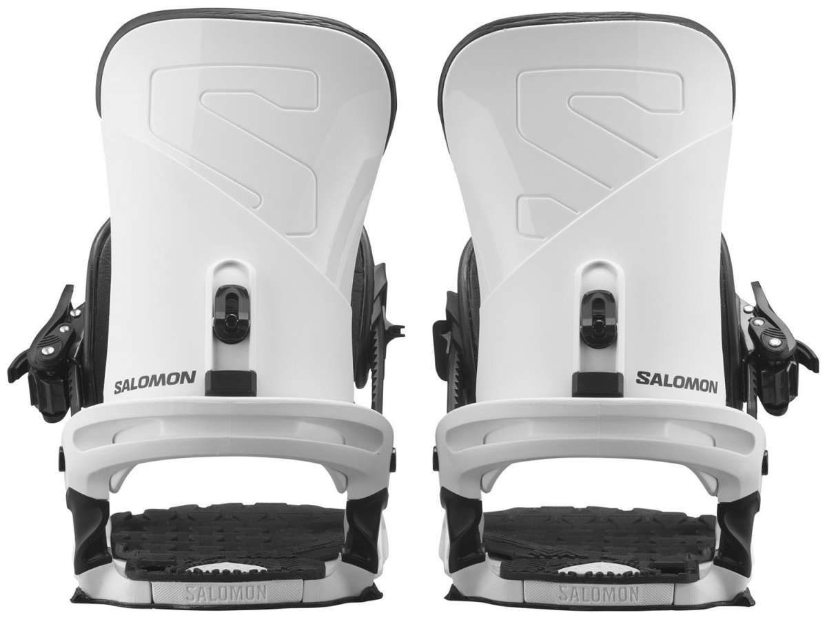 Salomon Trigger Snowboard Bindings 2024 - A pair of white snowboard bindings with black buckles and straps, featuring a textured pattern on the baseplate.