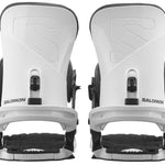 Salomon Trigger Snowboard Bindings 2024 - A pair of white snowboard bindings with black buckles and straps, featuring a textured pattern on the baseplate.