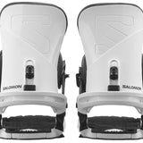 Salomon Trigger Snowboard Bindings 2024 - A pair of white snowboard bindings with black buckles and straps, featuring a textured pattern on the baseplate.