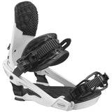 Salomon Trigger Snowboard Bindings 2024 - A pair of white snowboard bindings with black buckles and straps, featuring a textured pattern on the footbed.