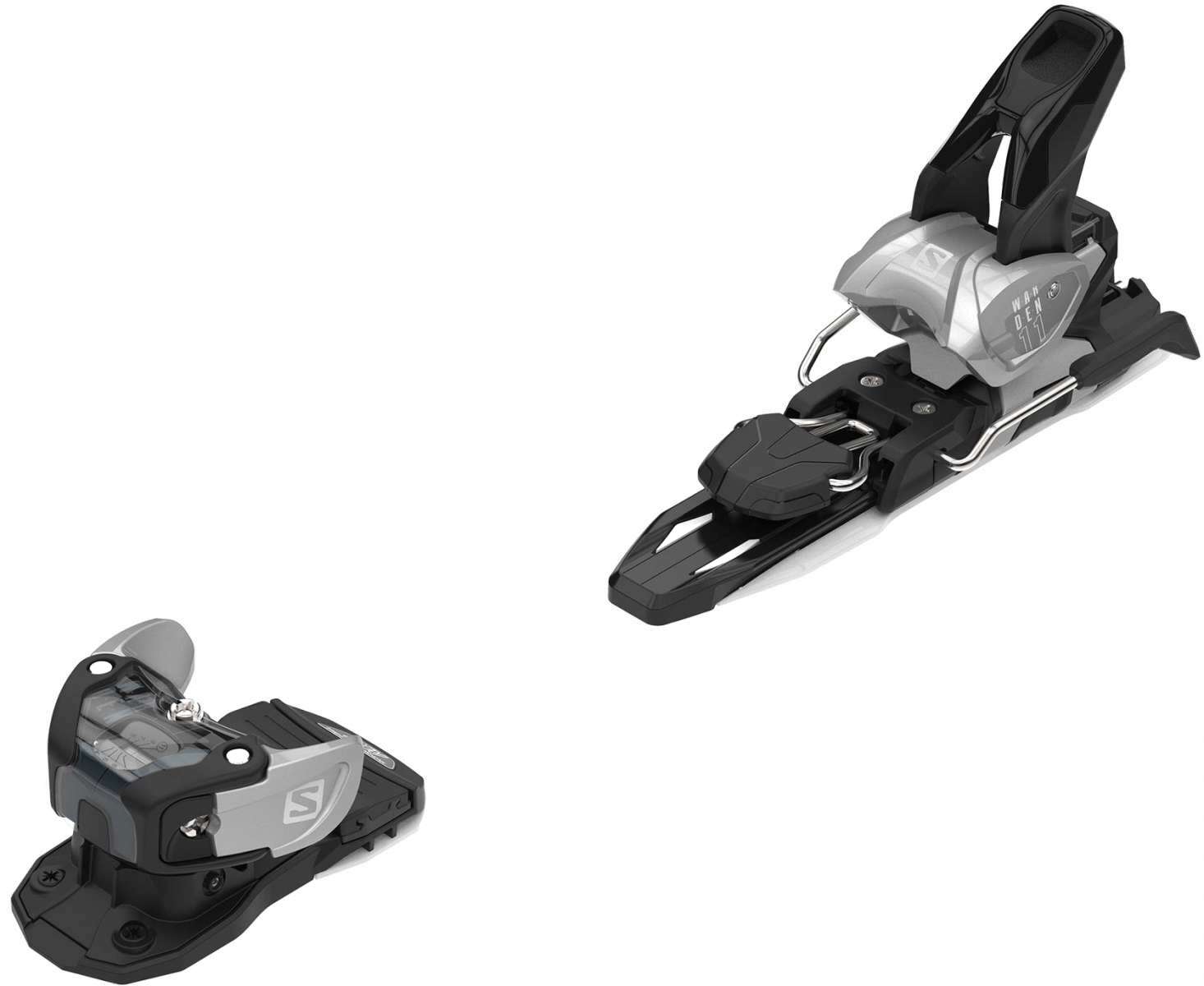 Salomon Warden MNC 11 Ski Binding - A black and silver ski binding with a clear plastic cover over the toe piece, featuring a metal lever on top.