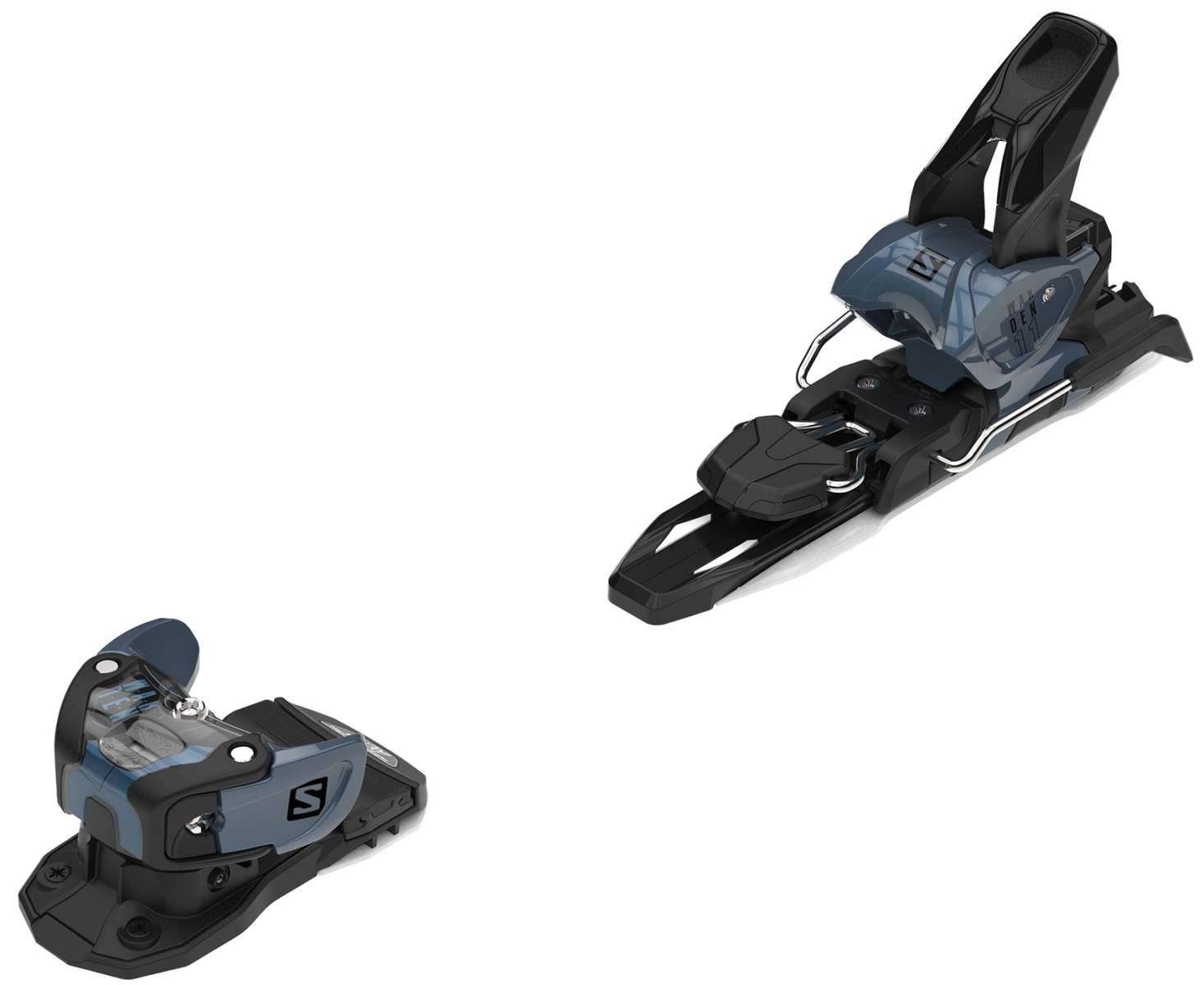 Salomon Warden MNC 11 Ski Binding - A black ski binding with a silver metal lever and a blue plastic boot retention system.