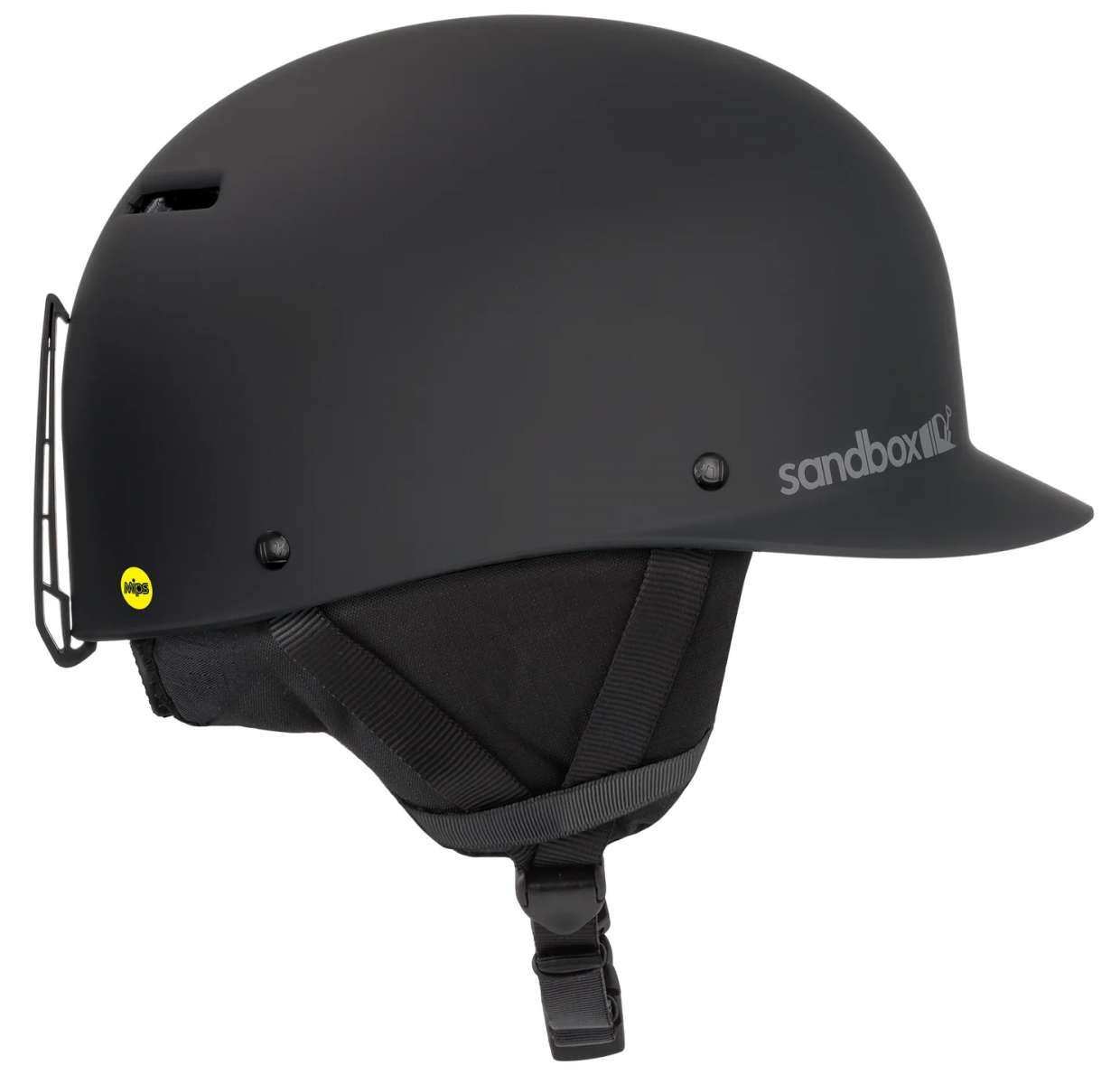 Sandbox Classic 2.0 MIPS Helmet 2024 - A black helmet with a white Sandbox logo on the side and a yellow MIPS sticker on the back.
