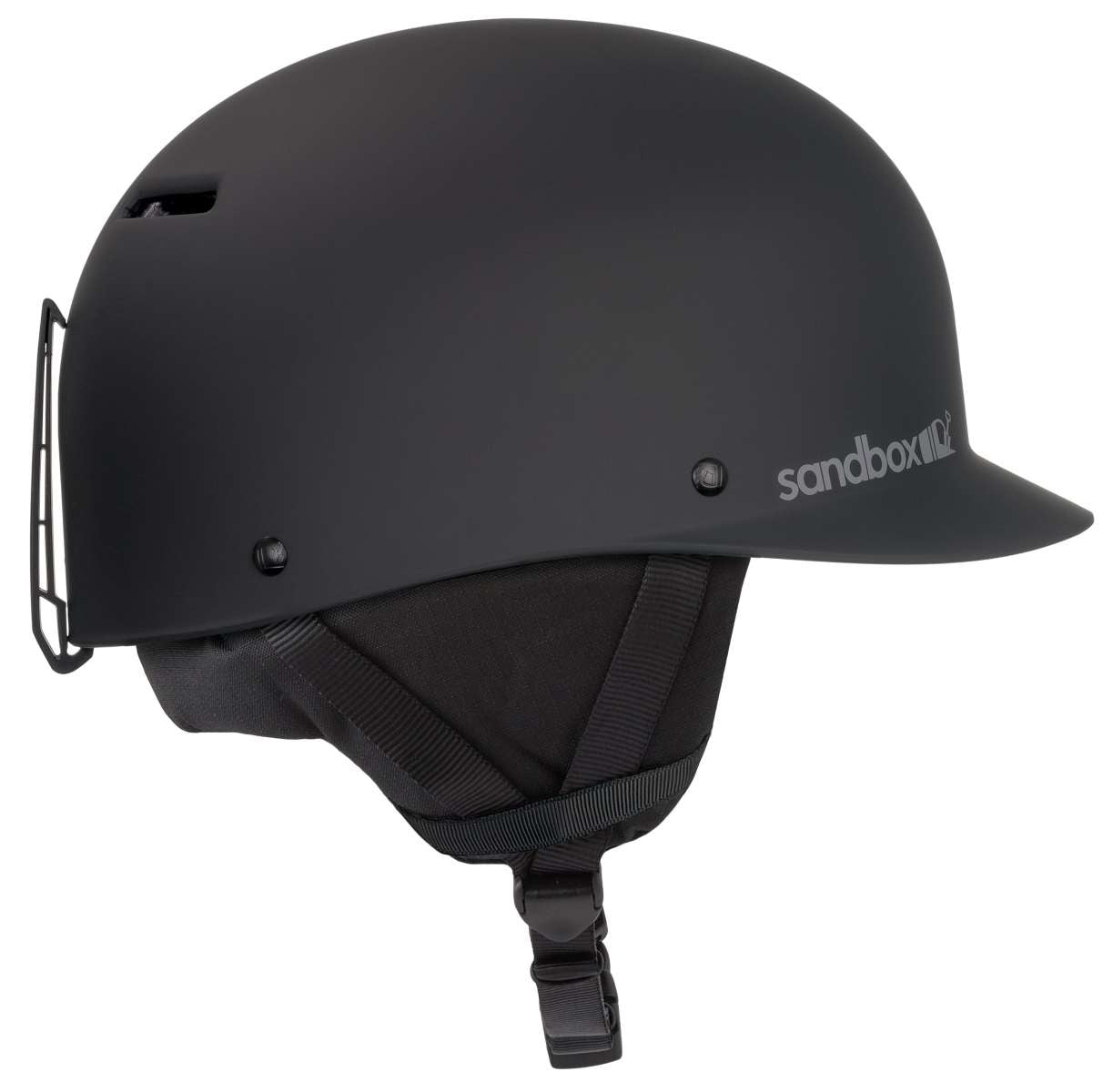 Sandbox Classic 2.0 Snow Helmet 2022-2023 - A matte black helmet with a white Sandbox logo on the side and a chin strap.