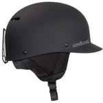 Sandbox Classic 2.0 Snow Helmet 2022-2023 - A matte black helmet with a white Sandbox logo on the side and a chin strap.