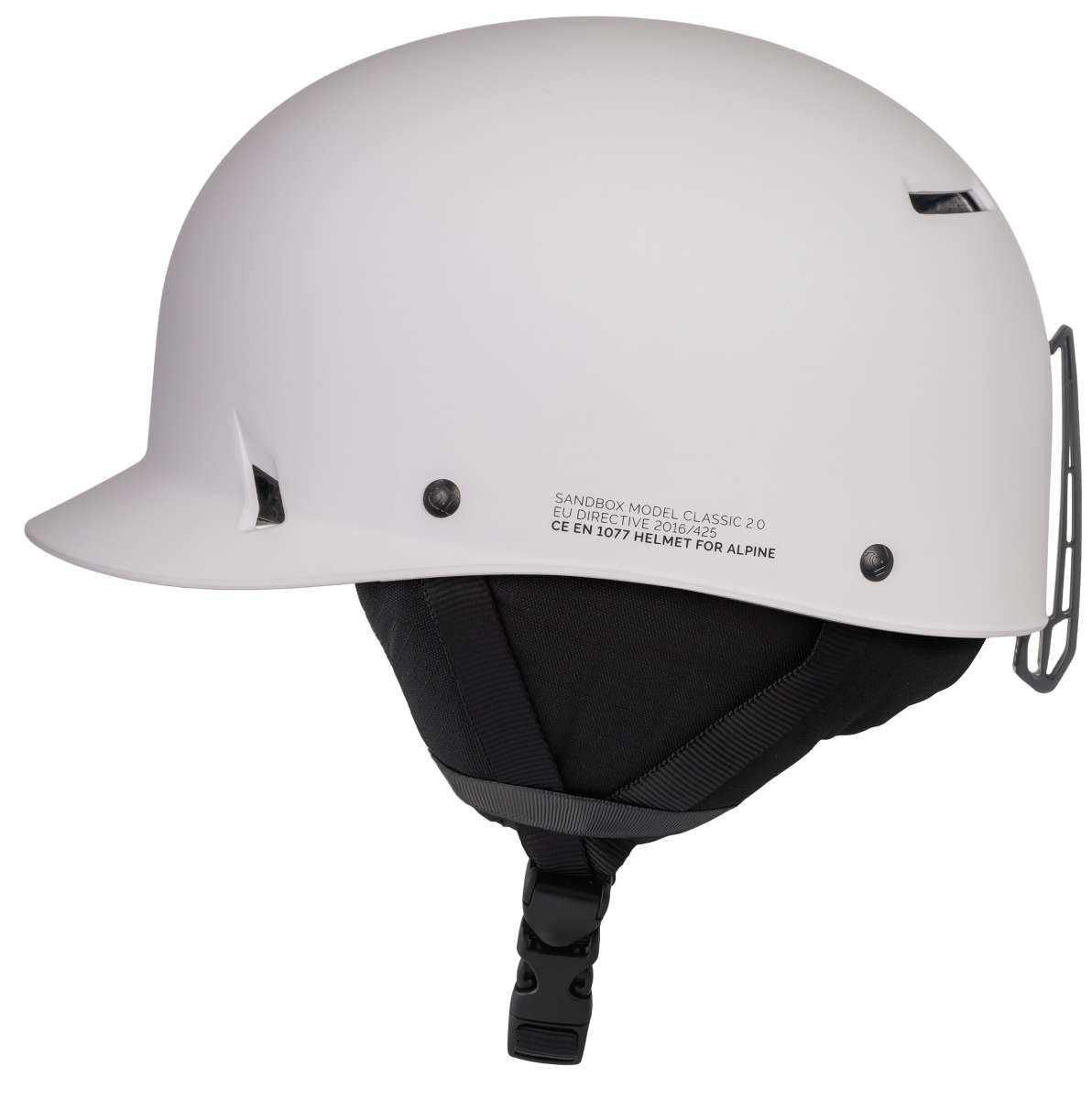 Sandbox Classic 2.0 Snow Helmet 2022-2023 - A white helmet with a black chin strap and ventilation holes on top.
