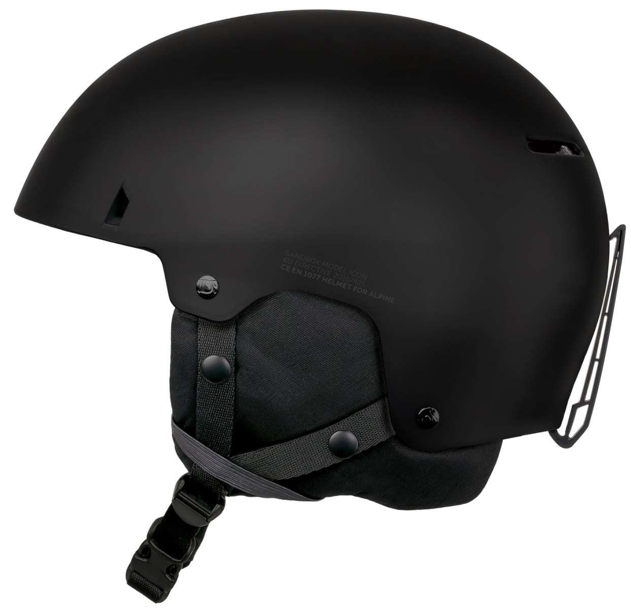 Sandbox Icon MIPS Helmet 2022-2023 - A black helmet with a white logo on the side and a strap under the chin.