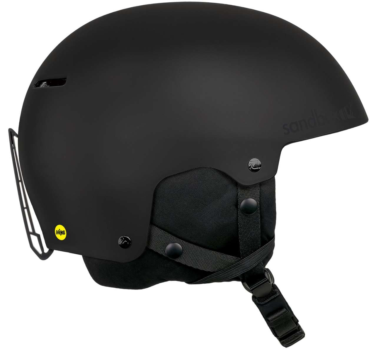Sandbox Icon MIPS Helmet 2022-2023 - A black helmet with a white Sandbox logo on the side and a yellow MIPS sticker on the back.