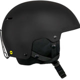 Sandbox Icon MIPS Helmet 2022-2023 - A black helmet with a white Sandbox logo on the side and a yellow MIPS sticker on the back.