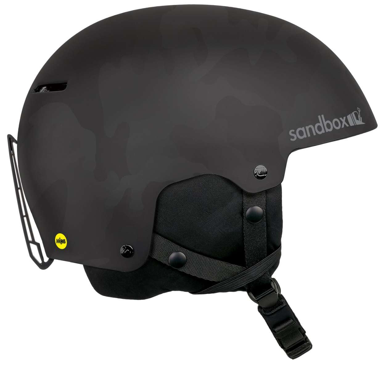 Sandbox Icon MIPS Helmet 2022-2023 - A black helmet with a white logo on the side and a yellow MIPS sticker on the back.
