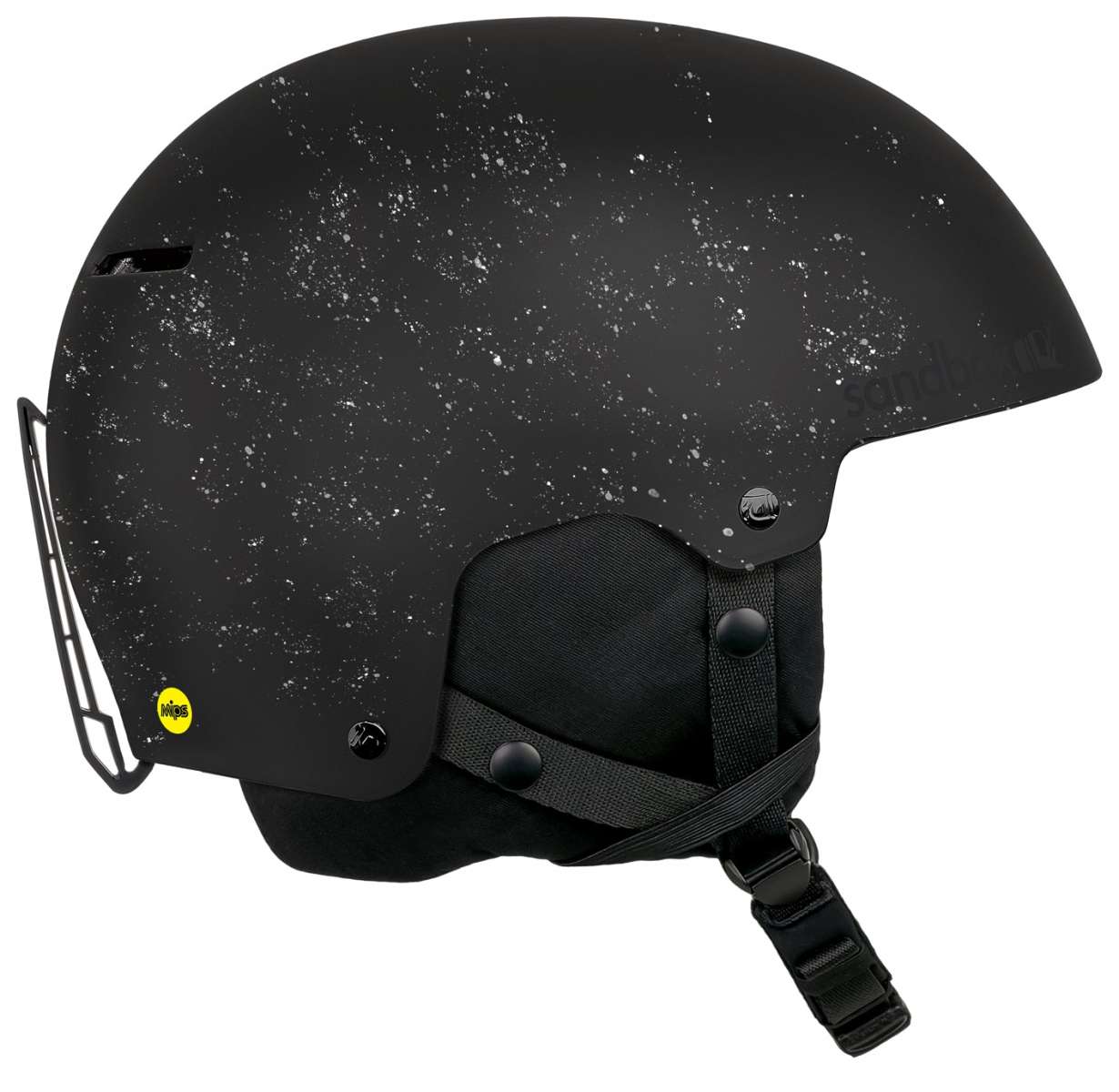 Sandbox Icon MIPS Helmet 2022-2023 - A black helmet with white speckles and a yellow MIPS sticker on the left side.