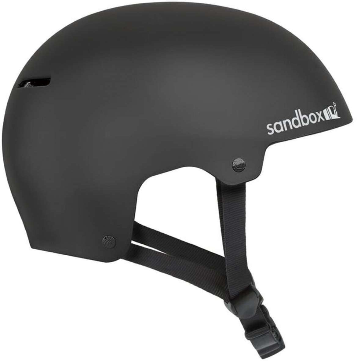 Sandbox Icon Park Helmet 2021-2022 - A black helmet with a white logo on the front and a chin strap.