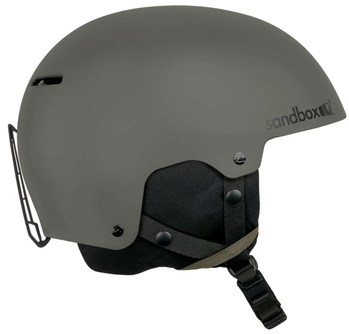Sandbox Icon Snow Helmet 2022-2023 - A dark gray helmet with a black chin strap and ventilation holes on top.