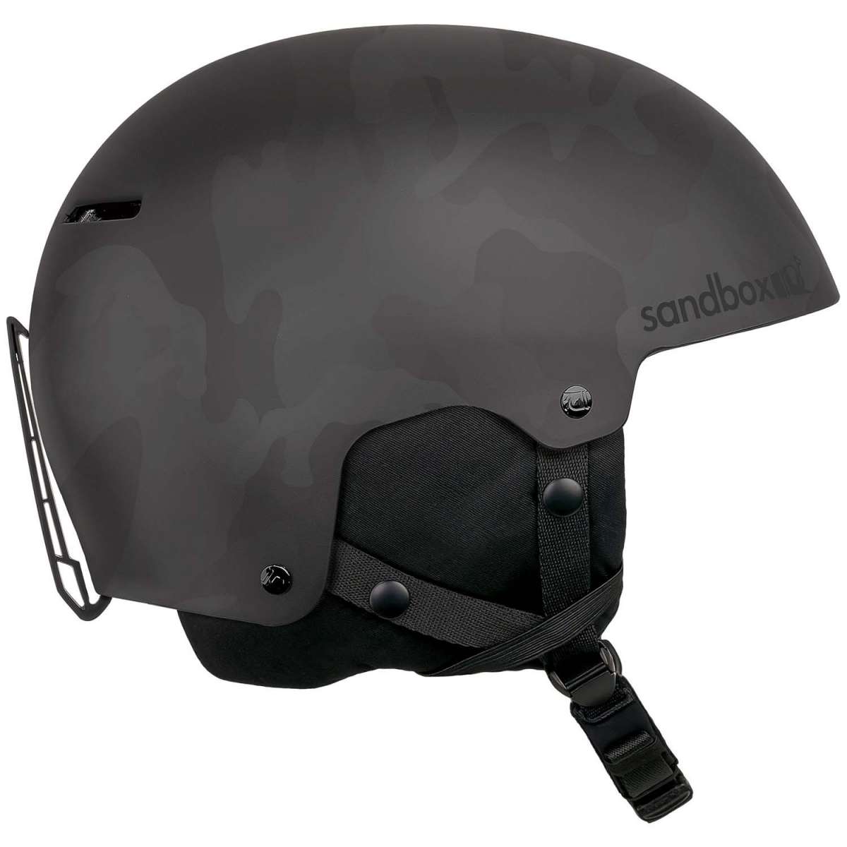 Sandbox Icon Snow Helmet 2022-2023 - A black helmet with a camouflage pattern and a white logo on the side.