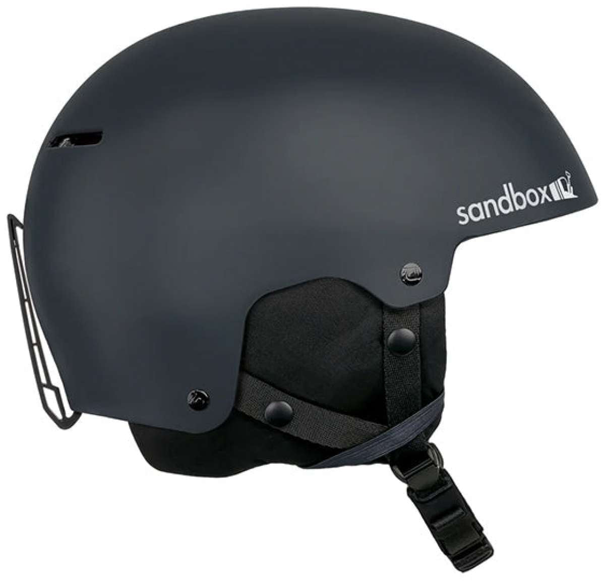 Sandbox Icon Snow Helmet 2022-2023 - A black helmet with a white logo on the side and a chin strap.