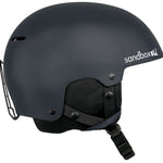 Sandbox Icon Snow Helmet 2022-2023 - A black helmet with a white logo on the side and a chin strap.