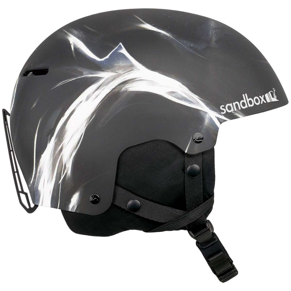 Sandbox Icon Snow Helmet 2022-2023 - A black helmet with a white logo on the side and a chin strap.