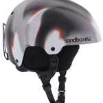 Sandbox Icon Snow Helmet 2022-2023 - A white helmet with a black visor and chin strap, featuring a red logo on the side.