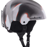 Sandbox Icon Snow Helmet 2022-2023 - A white helmet with a black visor and chin strap, featuring a red logo on the side.