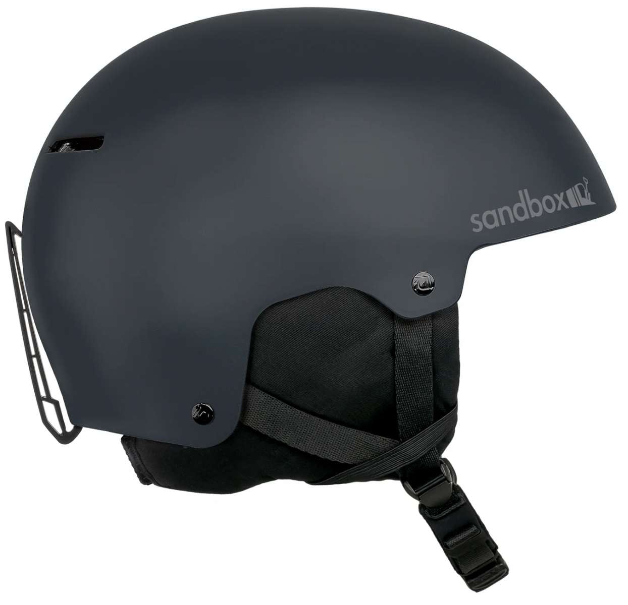 Sandbox Icon Snow Helmet 2024 - A black helmet with a white logo on the side and a chin strap.